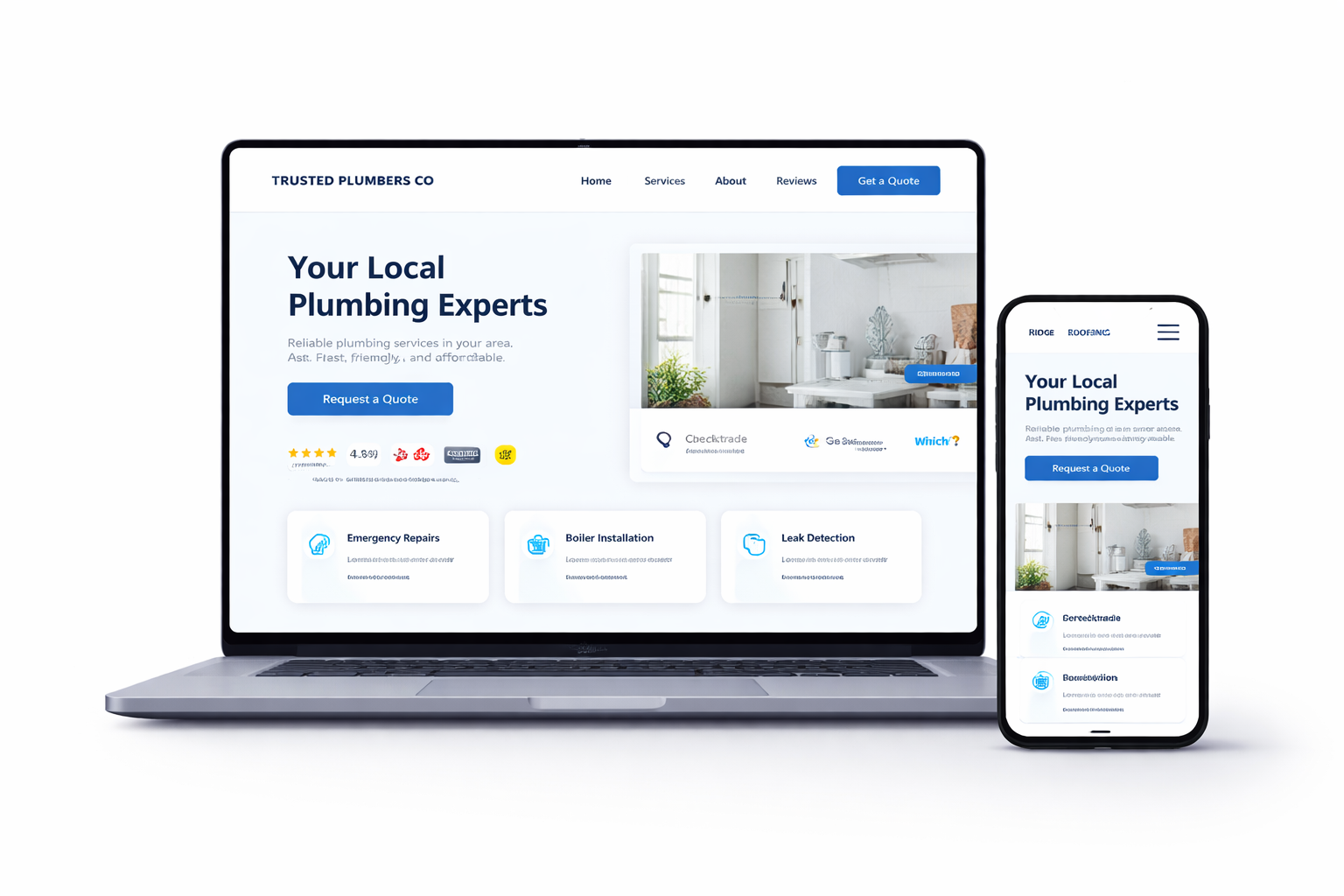 Website mockup for a local service business shown on laptop and phone